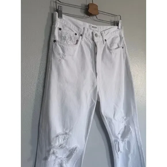 AGOLDE white distressed '90s Ripped mid rise relaxed straight leg denim jeans - Picture 10 of 12